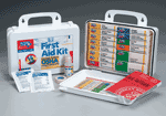 This 193-piece first aid kit is ideal for contractors, fleet vehicles, work sites or small companies with up to 50 employees. It meets federal OSHA recommendations and carries 20 critical products. The plastic case, with slanted, spill-proof dividers is wall mountable yet has a handle for easy carrying. 