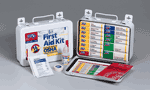 This 193-piece first aid kit is ideal for contractors, fleet vehicles, work sites or small companies with up to 50 employees. It meets federal OSHA recommendations and carries 20 critical products. The plastic case, with slanted, spill-proof dividers is wall mountable yet has a handle for easy carrying. 
