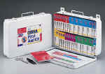 This 271-piece, 36-unit first aid kit is designed for use in medium to large offices and vehicles. A list of contents can be permanently affixed inside the lid for easy restocking. The sturdy metal case features a gasket and an easy-to-carry handle, yet is wall mountable for quick access in an emergency. Contents fit snugly to prevent shifting, and single-use packaging ensures that products do not become contaminated. 