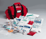 First Responder Kit- This comprehensive kit contains the essential first aid supplies you need in a medical emergency. This 100 denier cordura semi-rigid bag with handle, shoulder strap, side pockets, main compartment has removable divider & pocket, lid has zippered pouch, buckle closure, business card holder includes CPR devices, dressings, bandages, tapes, biohazard bags, gloves and more. Plus, there's still room for your own personal medical supplies. 