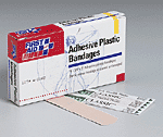 3/4"x3" Adhesive plastic bandage - 16 per single unit box.  Our plastic adhesive bandages are ideal for minor cuts, abrasions and puncture wounds. Bandages are made of pliable vinyl, allowing easy movement with any of the body's moving parts, and are ventilated to aid the natural healing process.