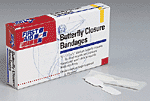 Butterfly wound closure bandage, medium - 10 per single unit box.  Our butterfly wound closures are designed to close and secure small wounds and incisions, holding the skin firmly while not sticking to the wound itself. They remove the need for stitches in relatively minor cuts. Sterile unless package is opened or damaged.
