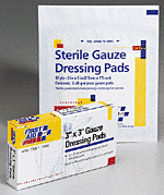 3"x3" Gauze dressing pad-Our 100% 12 ply pure gauze pads are packaged individually in sterile envelopes and are perfectly suited for cleaning wounds and applying medication or antiseptic. They can be stacked on a wound to absorb additional fluid and can be removed without re-opening the wound. To use: remove from package and apply directly to wound, using tape, gauze or elastic bandage to wrap. This item meets ANSI Z308.1 - 1998 standards.