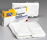 4" Compress bandage, off center - 1 per single unit box.  An asset to any trauma kit, our versatile 4" off-center compress serves as a sterile wound and trauma dressing. The non-stick surface can be used as a major/minor wound pad, a wrap for head wounds or can be compressed over a wound and either tied or secured with first aid tape. This item meets ANSI Z308.1 - 1998 standards.