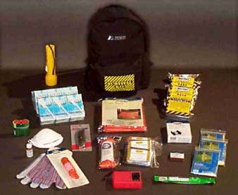 The Survival Backpack- All Backpack Kits include:1 Flashlight, 2 code Red Batteries, 1 51- Piece First Aid Kit, 1 Light Stick, 1 Two Person Tent, 1 5-N-1 Whistle, 1 Pair of Leather Palm gloves, 1 Utility Knife, 1 50-ft. Nylon cord, 1 box of waterproof Matches, 1 Campers Stove w/8 Fuel Tablets, AM Radio, 1 box of 50 Water purification Tablets.