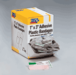 1"x3" Adhesive plastic bandage - 100 per box.  Our plastic adhesive bandages are ideal for minor cuts, abrasions and puncture wounds. Made with a pliable vinyl, each bandage is ventilated to aid in the natural healing process.