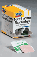 1-1/2"x1-1/2" Patch plastic bandage - 100 per box.  Our plastic adhesive patch bandages are ideal for minor cuts, abrasions and puncture wounds. Made with pliable vinyl, each bandage is ventilated to aid in the natural healing process. Sterile unless bandage is opened or damaged. 