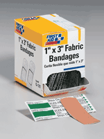 1"x3" Curad Flex-Fabric bandage - 50 per box.  Our fabric adhesive bandages are ideal for minor cuts, abrasions and puncture wounds. Each is made with a pliable woven fabric that easily conforms to the wounded area and stays put even when wet. Bandages are ventilated to aid in the natural healing process. To use: remove from package and apply to wound.