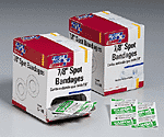 7/8" Spot bandage, 2 per pack - 100 per box.  Our non-stick, ready-to-use spot bandages are just what the doctor ordered for the smallest of minor cuts and abrasions. Each bandage allows the wound to drain while helping it to heal faster. Bandage is sterile unless package is opened or damaged.
