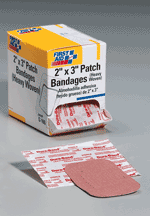 2"x3" Heavy woven patch bandage - 25 per box.  Our water and grease-resistant bandages are made from a comfortable, heavy-duty fabric that allows skin to breathe for faster healing. Flexible and easy to remove without sticking to the wound.