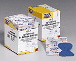 1-3/4"x3" Blue, metal detectable woven fingertip bandage, large - 25 per box.  Our blue adhesive bandages are particularly useful for food and pharmaceutical processing sites. The internal foil makes quick detection possible through most metal detectors. Bandages are also easily visible in case of loss.