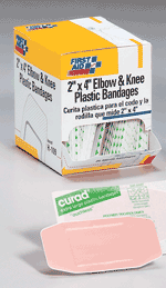 2"x4" Elbow & Knee plastic bandage - 25 per box.  Our elbow and knee bandages are ideal for minor cuts, abrasions and puncture wounds. Made with a pliable vinyl, each bandage is ventilated to aid in the natural healing process. 