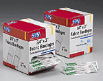 3/4"x3" Curad Flex-Fabric bandage - 100 per box.  Our fabric adhesive bandages are ideal for minor cuts, abrasions and puncture wounds. Each is made with a pliable woven fabric that easily conforms to the wounded area and stays put even when wet. Bandages are ventilated to aid in the natural healing process.