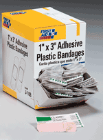 1"x3" Adhesive plastic bandage - 500 per box.  Our plastic adhesive bandages are ideal for minor cuts, abrasions and puncture wounds. Made with a pliable vinyl, each bandage is ventilated to aid in the natural healing process.