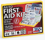 Mini first aid kit for the glove compartment or console storage. Contains medication, bandages and antiseptics.