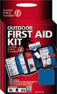 Large soft kit perfect for hiking, camping, home, auto, marine. Features medication, antiseptics, bandages, and wound care. Items for injury treatment include a cold compress, butterfly bandages and moleskin for blisters