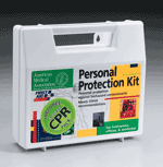 Our 18-piece, personal protection kit is designed to guard persons attending to the injured or ill. (Many companies specifically require this kind of protection.) This kit includes a Rescue Breather CPR one-way valve faceshield as part of the complete head-to-toe defense package against bio-hazardous contaminants. Every aspect of this kit meets with federal OSHA recommendations. Products are contained in a sturdy, reusable plastic case that can be easily carried or mounted on a wall.