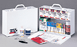 This 2-shelf, 414-piece industrial first aid station with 8-pocket liner is designed as an auxiliary kit for smaller businesses, offices and work sites and serves up to 75 people. The metal cabinet holds over 400 items and offers easy refilling with a full-color, easy-to-use reordering schematic. Refills are color-coded for easy identification in an emergency. The swing-down door and easy-to-carry handle make this first aid station extra convenient.