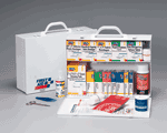This 2-shelf, 414-piece industrial first aid station is designed as an auxiliary kit for smaller businesses, offices and work sites and serves up to 75 people. The metal cabinet holds over 400 items and offers easy refilling with a full-color, easy-to-use reordering schematic. Refills are color-coded for easy identification in an emergency. The swing-down door and easy-to-carry handle make this first aid station extra convenient.