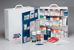 This 3-shelf, 941-piece industrial first aid station is designed for medium sized businesses, offices and work sites and can act as a satellite first aid cabinet for buildings, wings or departments. Serves up to 100 people. The metal cabinet holds a wide variety of items, and the 12-pocket vinyl inside door liner adds valuable storage space. Refilling and compliance assurance is easy with the help of a full-color, easy-to-use reordering schematic. The swing-out door and easy-to-carry handle add extra convenience. The wide variety of products are designed to handle first aid emergencies from burns, major bleeding and eye injuries to discomfort from minor cuts and abrasions.