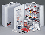 This 3-shelf, 941-piece industrial first aid station, is designed for medium sized businesses, offices and work sites and can act as a satellite first aid cabinet for buildings, wings or departments. Serves up to 100 people. The metal cabinet holds a wide variety of items, offering simple refilling and compliance assurance with the help of a full-color, easy-to-use reordering schematic. The swing-out door and easy-to-carry handle make this first aid station extra convenient.
