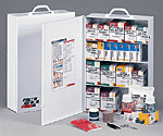 This 4-shelf, 1058-piece industrial first aid station meets and exceeds OSHA recommendations for businesses, offices and work sites. Serves up to 150 people. Refilling and compliance assurance is easy with the help of a full-color, easy-to-use reordering schematic. The swing-out door and easy-to-carry handle add extra convenience, and the 20-pocket vinyl inside-door liner adds valuable storage capacity.