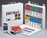 This 201-piece, 27+ unit restaurant first aid kit with metal case is well equipped to handle the burns and other minor injuries common to restaurant workers and patrons. Each kit includes a variety of bandages, compresses, tablets, eye care and burn relief products, along with one Rescue Breather CPR one-way valve faceshield.