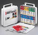 This 126-piece, deluxe 24-unit trucker first aid kit includes an assortment of bandages, gauze pads, tape, ointment, CPR faceshield and eye care products...all contained in a sturdy plastic case with gasket.