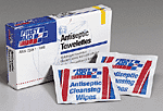 These antiseptic cleansing wipes, with the active ingredient Benzalkonium Chloride, are ideal for cleansing wounds when alcohol is inadvisable. Their single-use design eliminates the worry of cross contamination. Wipe measures 4-3/4"x7-3/4". Wipes are sterile unless package is opened or damaged. This item meets ANSI Z308.1 - 1998 standards.