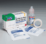 Our eye care pack includes: 2 Sterile eye pads, 1 oz. eye wash, 1/2"x5 yd. first aid tape roll. Together, they provide cleansing and a sterile covering for eye injuries.