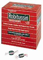 Robitussin cough drops, cherry flavored, help relieve coughs and minor throat irritations due to colds or inhaled irritants. They also help protect the irritated areas of a sore throat. Active ingredient: Pectin; Menthol, 7.4 mg per cough drop.
