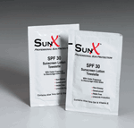 Prevent sunburn before it slows you down. SUNX sunscreen features SPF 30 protection in a single use 8-1/4"x5-1/4" towelette. Contains aloe vera gel and vitamin E. Active ingredients: Octyl Methoxycinnamate, Octyl Salicylate, Benzophenone-3.
