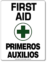 Identify your first aid area clearly and quickly. Our 9"x12" bilingual first aid sign lets people know where to come for help. English and Spanish