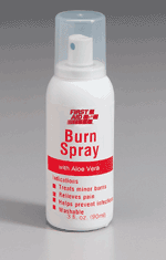Our antiseptic/anesthetic burn spray with aloe vera relieves pain of minor burns, sunburns, scalds and abrasions while it also disinfects the area. Active ingredients: Benzocaine, Benzalkonium Chloride. Inactive ingredients: menthol, aloe vera gel, Propylene Glycol, Isopropyl Alcohol and water.