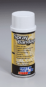 Quick and convenient, our spray on bandage protects cuts and abrasions while it helps fight infection. It's water soluble, and contains no fluorocarbons, so it's environmentally safe. Active Ingredients: Ethyl Alcohol, PVP/VA Copolymer, Benocaine 3.2%, and Benzethonium Chloride 0.2%.