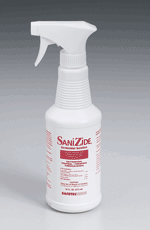 Environmental surface germicidal solution, 16 oz. bottle w/trigger - 1 each ~ Use our one step, ready-to-use (alcohol free) germicidal solution by SaniZide Plus in critical care areas where controlling cross-contamination is vital. Proven effective against a wide variety of bacterial and viral pathogens including Staph, Salmonella, Herpes Simplex Type II and the human immuno-deficiency virus Type I (HIV-1) associated with AIDS all in under ten minutes. Active Ingredients: n-Alkyl Dimethyl Ethybenzyl Ammonium Chloride, n-Alkyl Dimethyl Benzyl Ammonium Chloride, Isopropyl Alcohol.