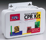 CPR 4-person CPR kit-Kit contains 4 Rescue Breather CPR one-way valve faceshields, 8 exam quality gloves, 4 personal antimicrobial wipes and 2 biohazard bags.  Metal case.  Also available in a plastic case, 208-CPR.